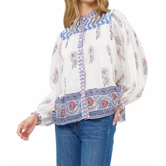 OLIPHANT Tops - Oliphant White and Blue Floral Blouse